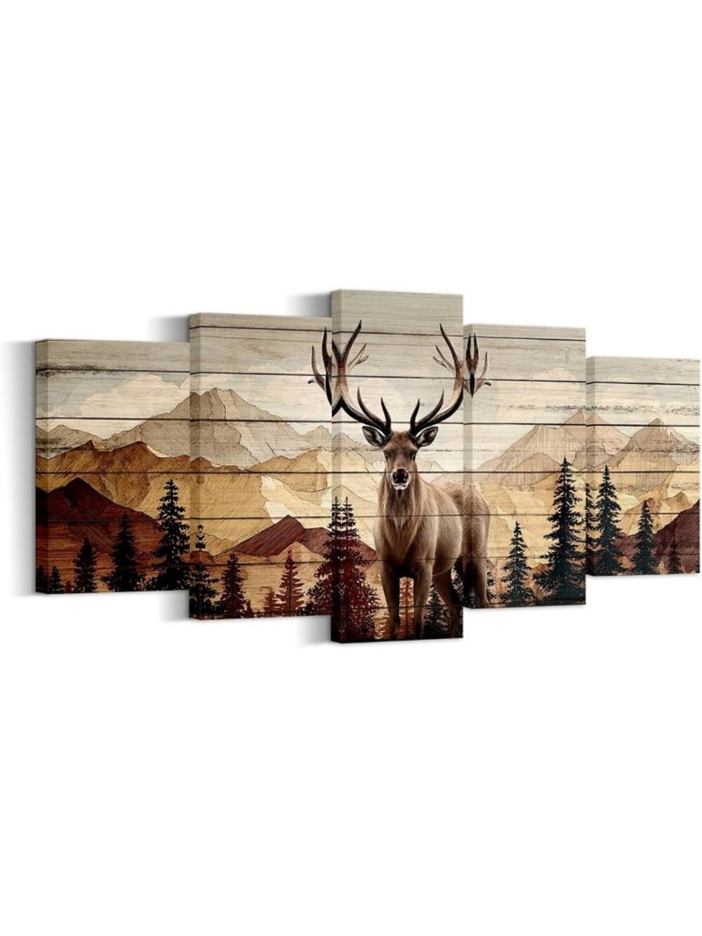 Rustic Farmhouse Deer Wall Art Set of 5 - Framed Canvas Prints for Country Decor